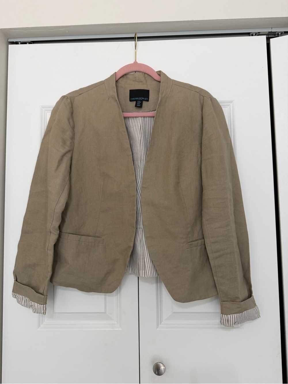 Cynthia Rowley Taupe Open-Front Linen Blazer